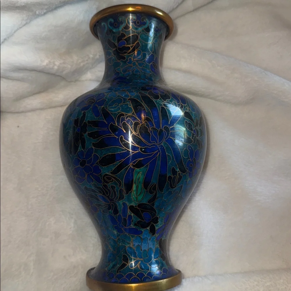 Vintage Chinese Cloisonne Vase Blue Floral Enamel Brass Accents 8 Inch Decor